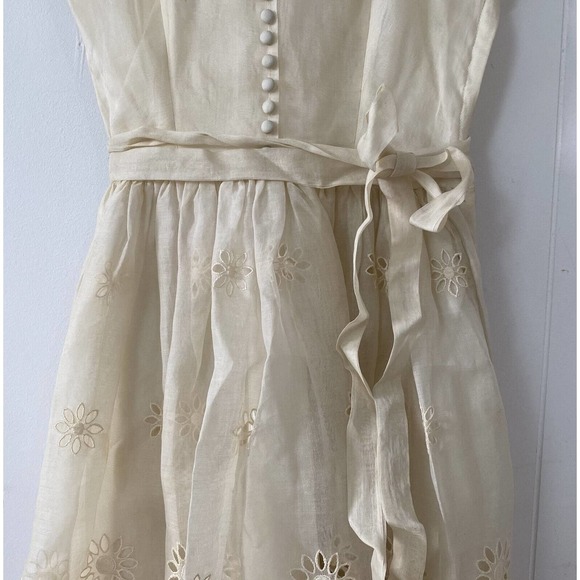 1950s Sheer Eyelet Embroidered Organza Party Dress Rounded Collar Satin Buttons - Picture 6 of 12